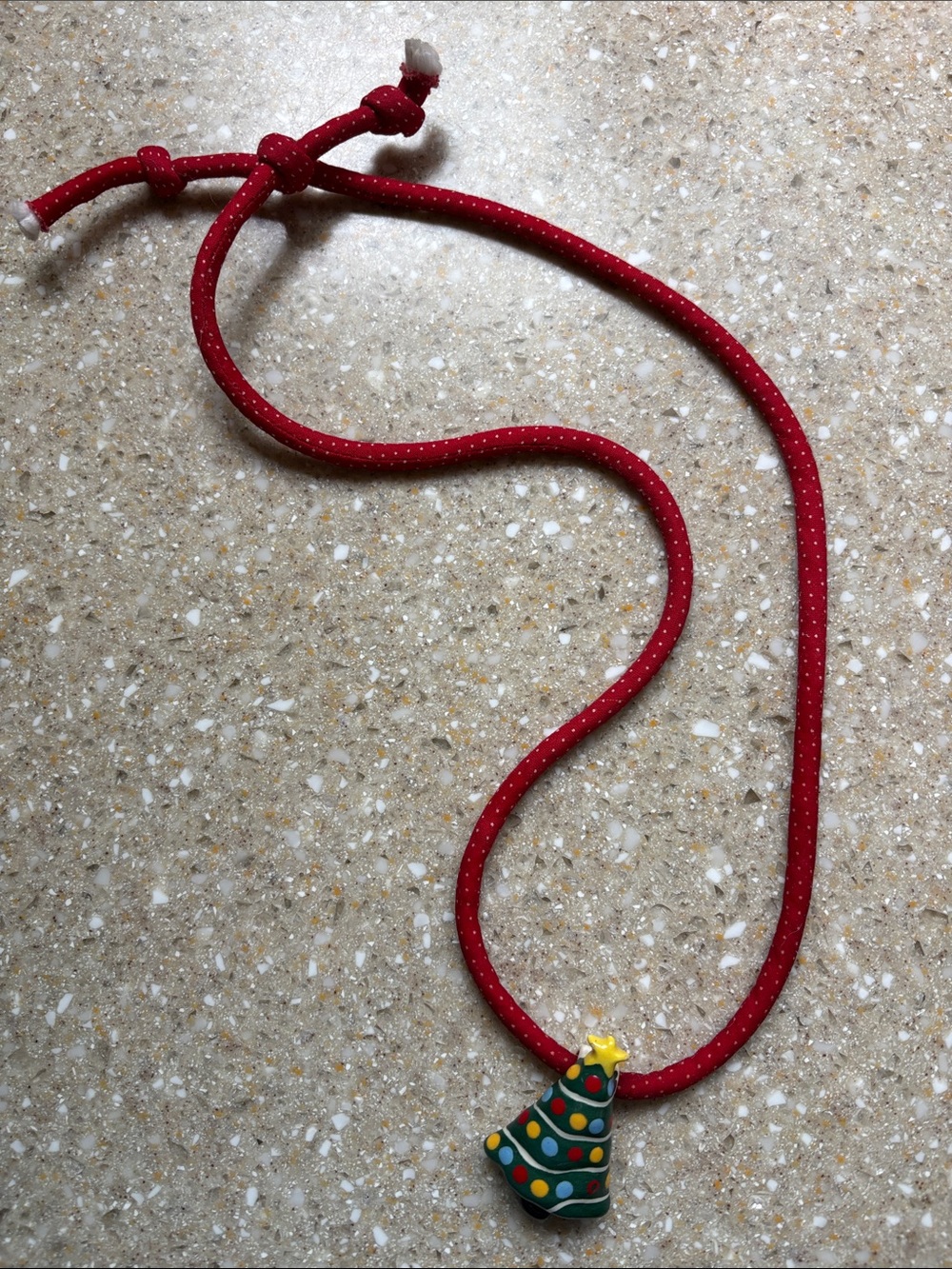 Flying Colors Rare Vintage Signed Ceramic Christmas Tree Necklace on red cord
